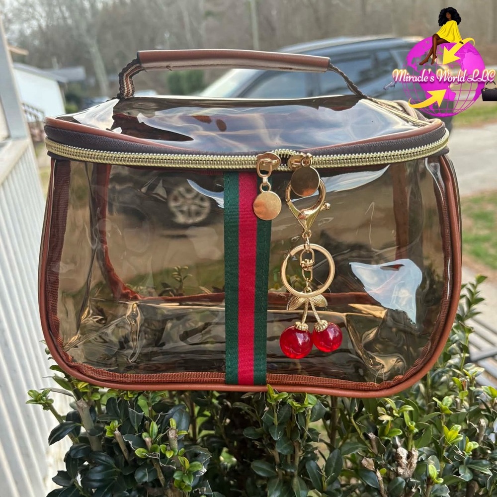 Clear Vinyl Cosmetic Tote with Brown Trim and Red Stripe